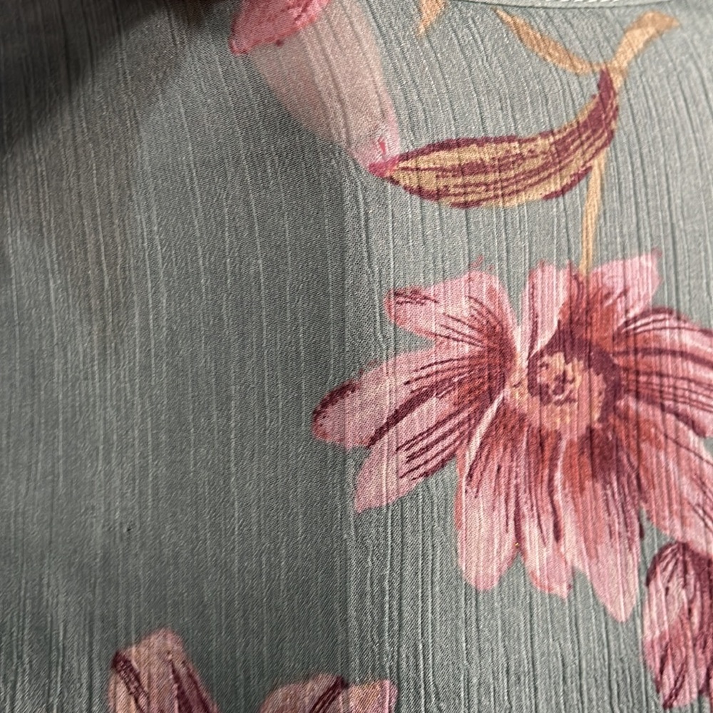 Floral Teal & Pink Sheer top,mock neck, long ruffle sleeve, flowy, XS - Picture 6 of 12